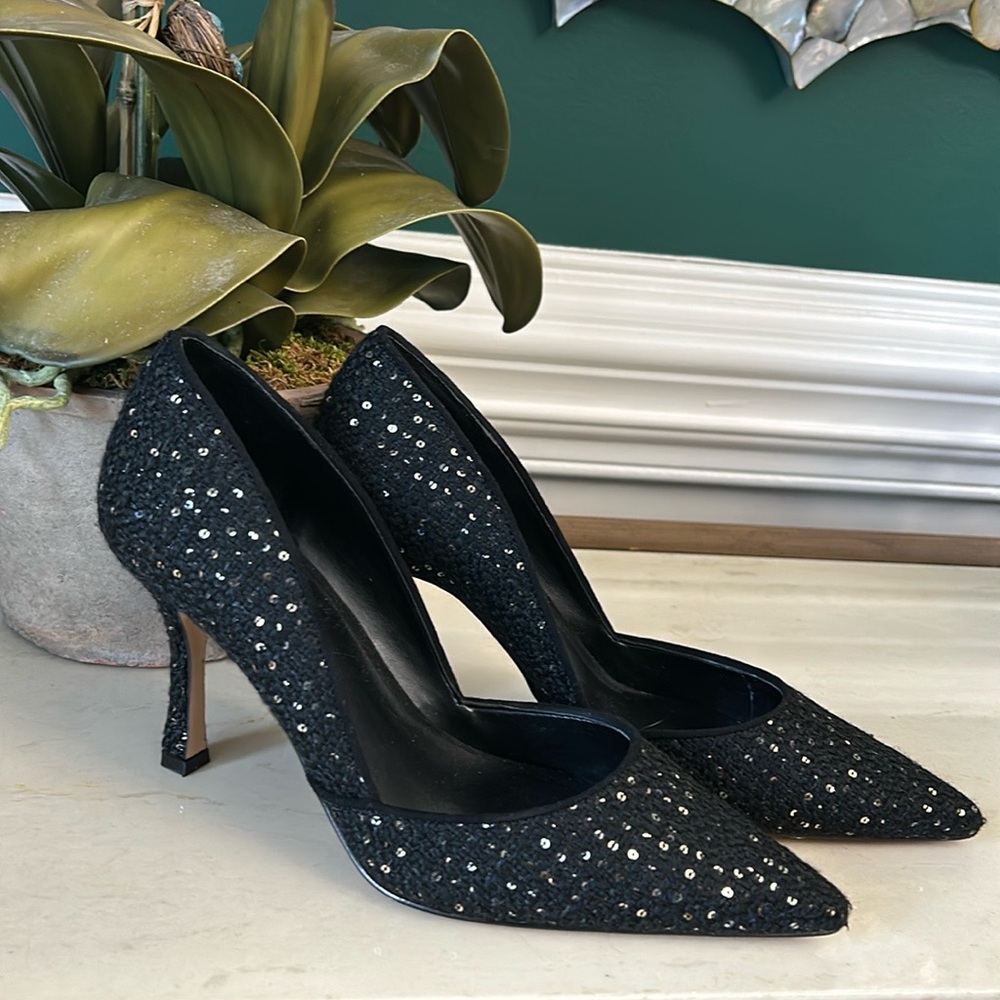 ANN TAYLOR BLACK SEQUIN TWEED AZRA PUMPS 3.5” HIGH HEEL SHOES SZ 7.5